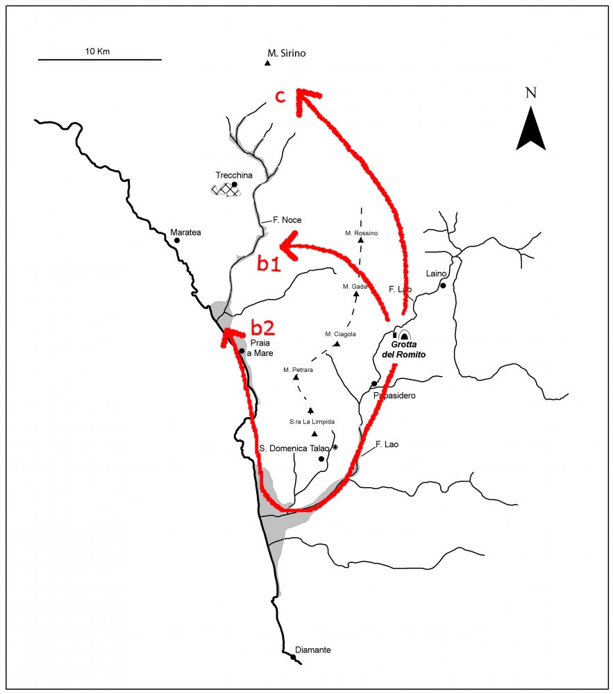 Localizzazione di Grotta del Romito e indicazione delle tre direttrici (frecce rosse) percorse alla ricerca di materia prima litica. La linea tratteggiata indica il crinale con le principali vette montuose.