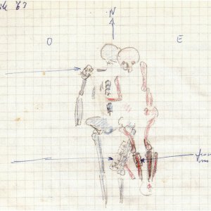 Rilievo della sepoltura Romito 1-2 dal diario di scavo di Paolo Graziosi (Archivio del Museo e Istituto Fiorentino di Preistoria)