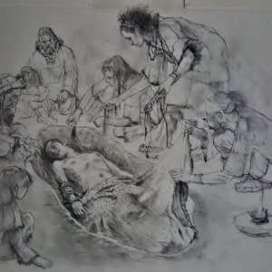 Ricostruzione ipotetica dell'inumazione del giovane cacciatore Romito 9 (disegno di M. Cutrona)
